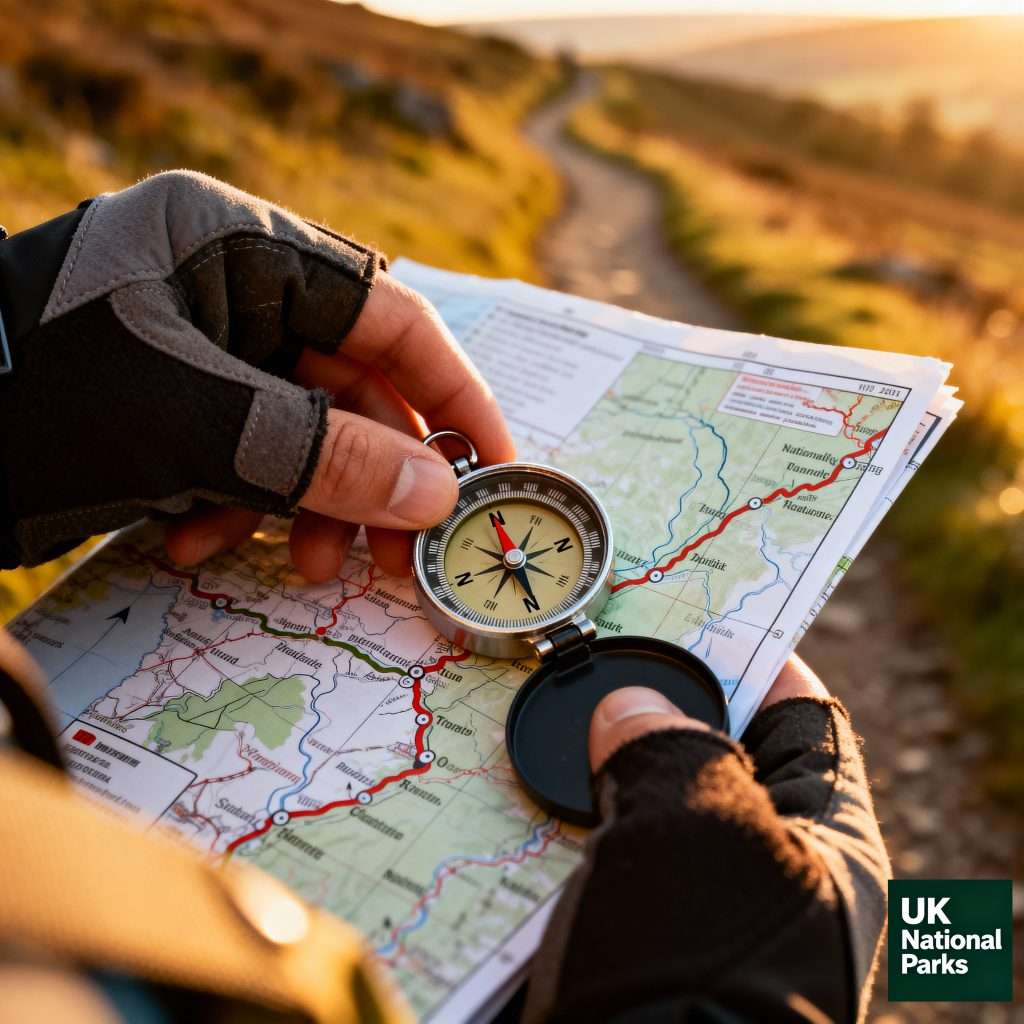 UK National Parks Hiking 1 Close-up of a map and compass being used on a trail, emphasizing the importance of navigation in UK National Parks hiking