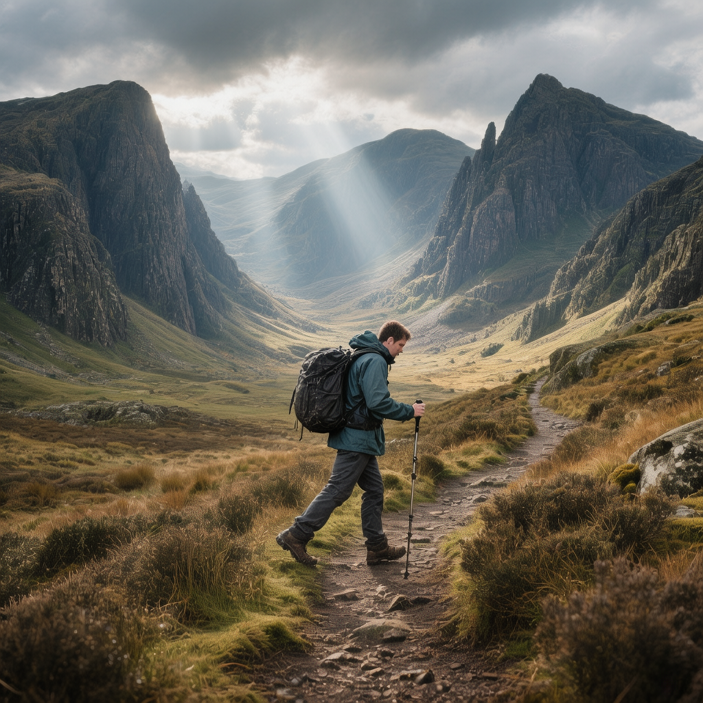 Scottish Highlands Day Hikes 1 A narrow river flows through a deep valley surrounded by large, rugged mountains in Glencoe, Scottish Highlands.