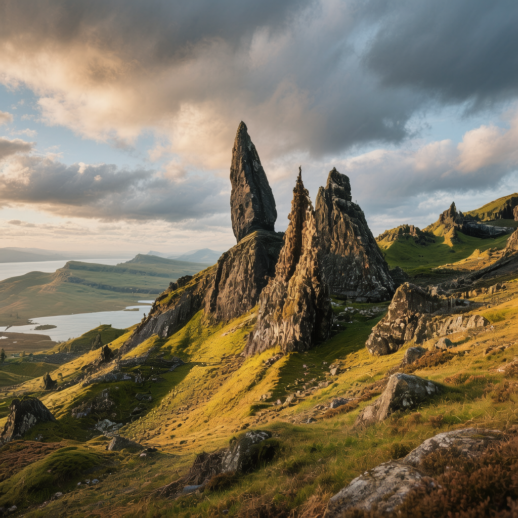 Scottish Highlands Day Hikes 3 Hikers view the towering, jagged rock pinnacles of the Old Man of Storr
with sweeping coastal views of the Isle of Skye in the background.