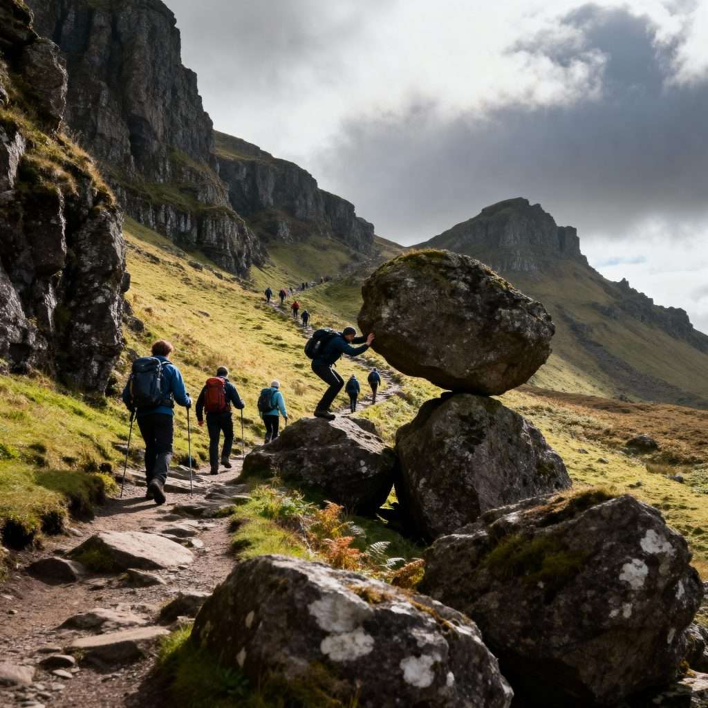 Hikers exploring the rugged Skye hiking routes near the Cuillin mountains