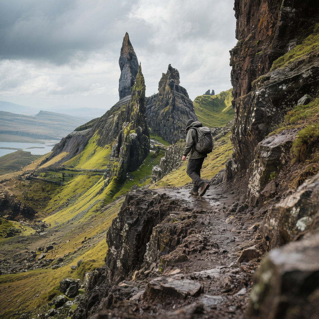 The lower path of the Quiraing walk is narrow and follows the base of the cliffs.