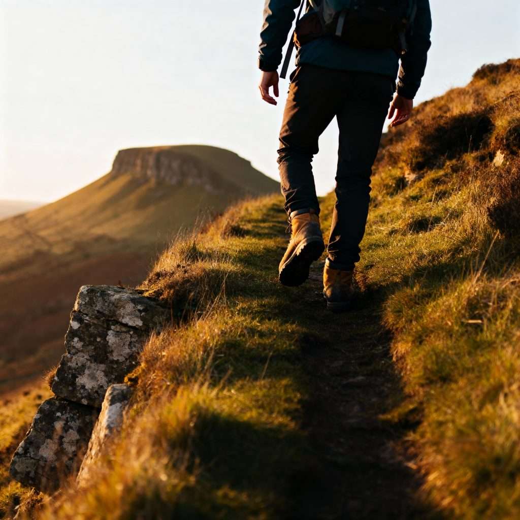 Hikers ascending the steep limestone spine of Chrome Hill