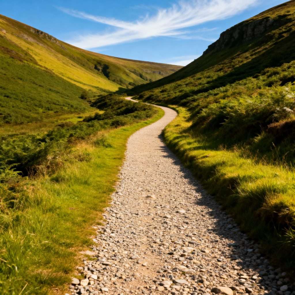 A well-maintained gravel path through a scenic Peak District valley