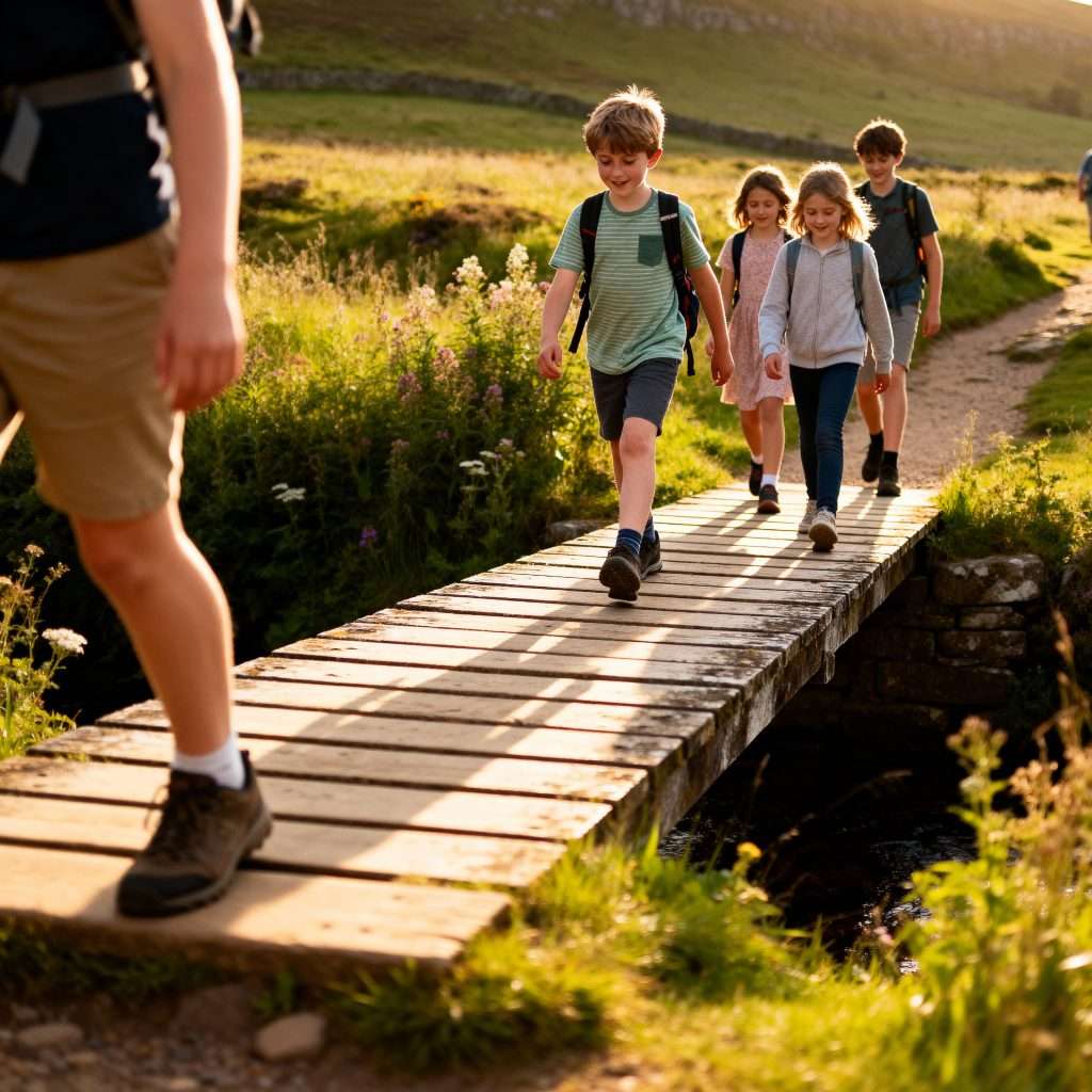 Children crossing a small wooden bridge on a family-friendly Peak District walk