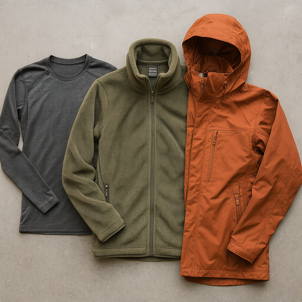 A flat-lay of technical UK hiking clothing layers including base, mid, and outer shells.
