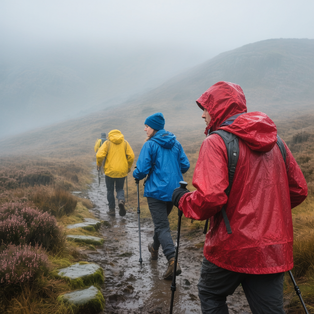 Hikers wearing appropriate Peak District hiking clothing in misty conditions