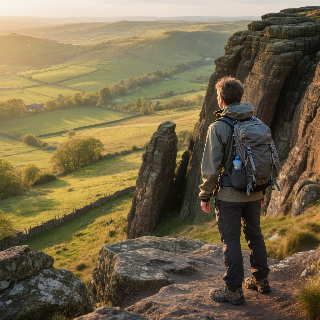 A hiker standing near Robin Hood's Cave looking out over the Hope Valley 