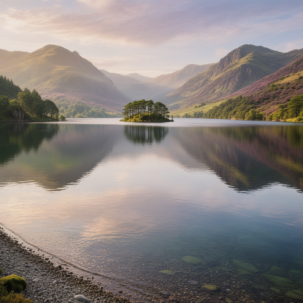 UK National Parks Hiking 3 A serene loch scene in Loch Lomond & The Trossachs National Park, highlighting the tranquility of Scottish hiking