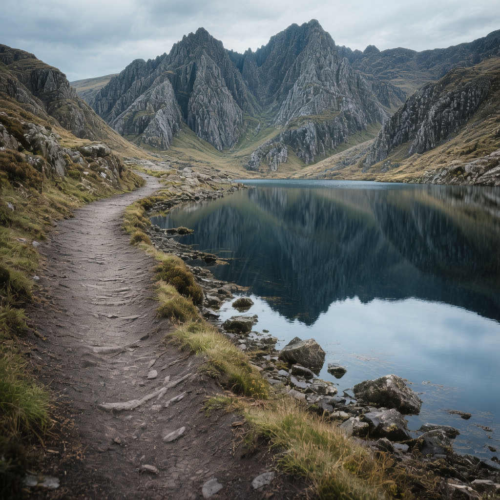 Snowdon Miners Track vs Pyg Track 4 The flat path of the Snowdon Miners Track alongside Llyn Llydaw
