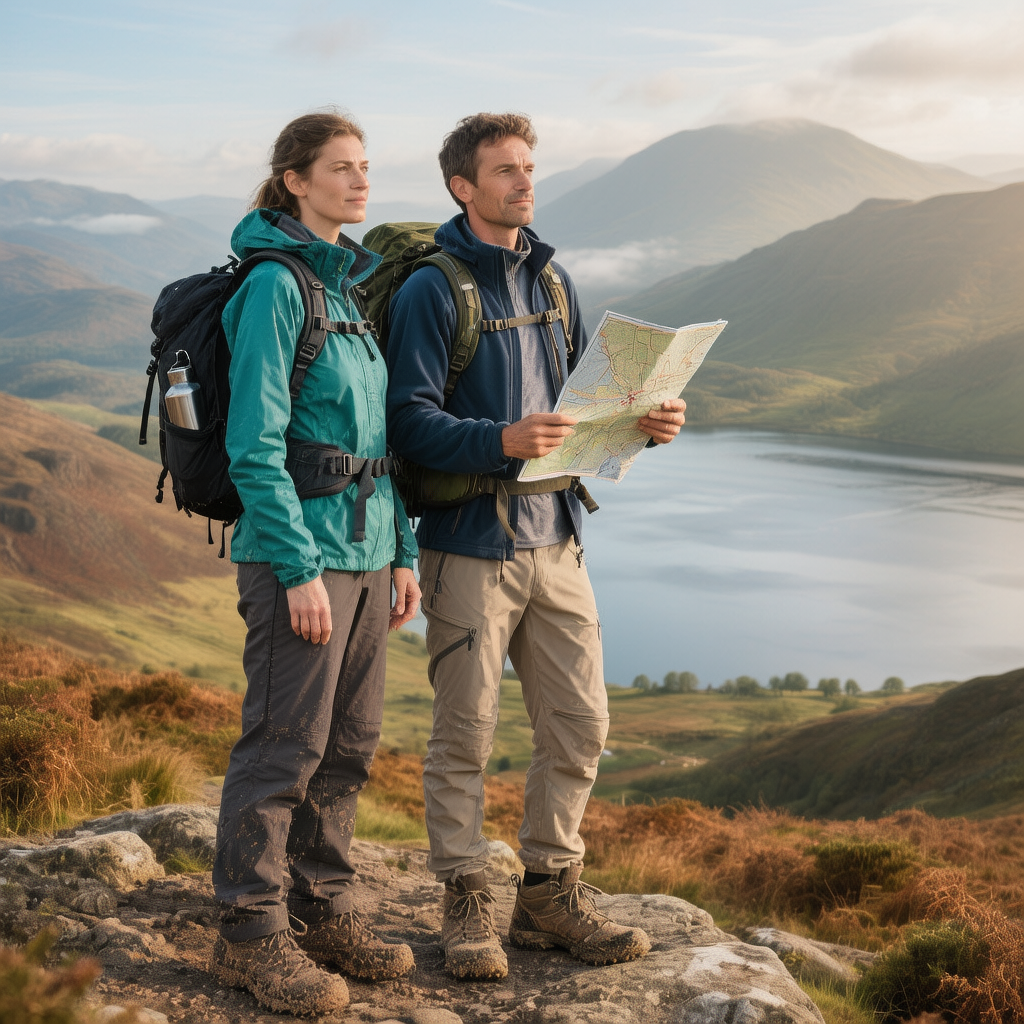 A group of hikers on a mountain ridge in Cumbria wearing technical waterproof jackets 