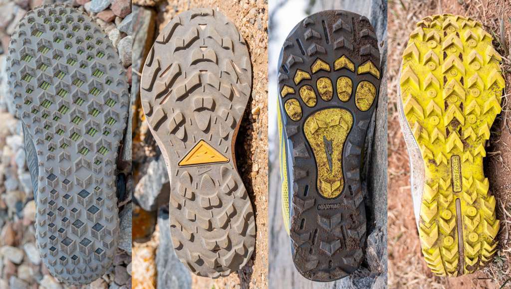 A collage of four different trail shoes outsoles showing varied lug patterns.